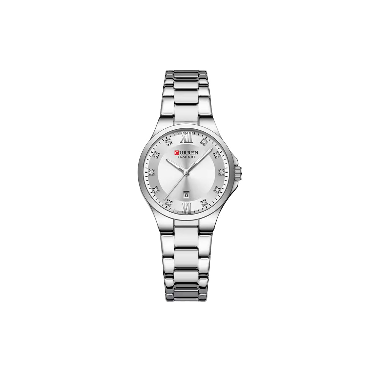 Silver wristwatch with a white face on a white background