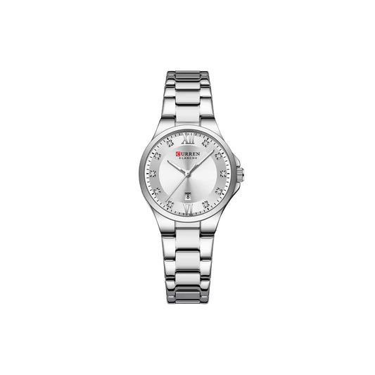 Silver wristwatch with a white face on a white background