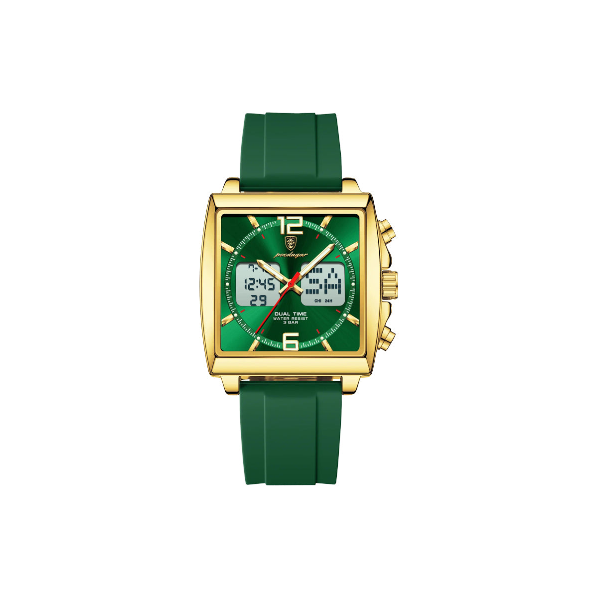 Green watch with gold accents on a white background