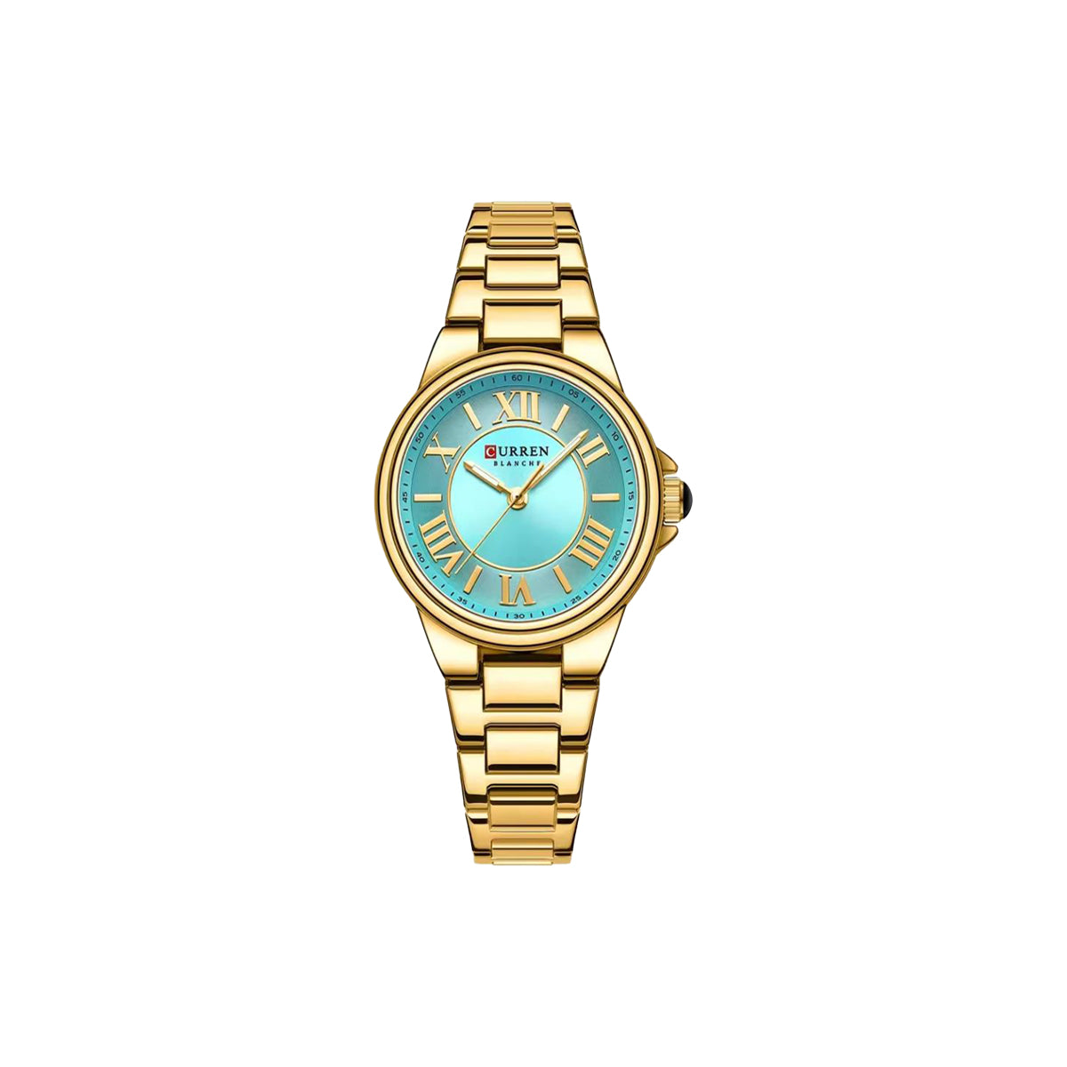 Gold watch with a turquoise dial on a white background