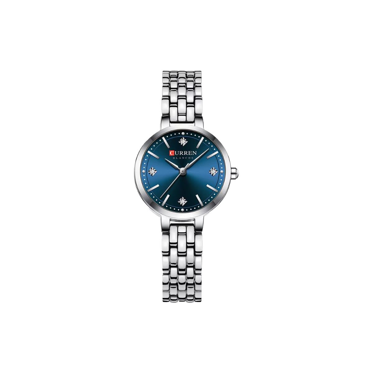 Silver watch with blue face on a white background