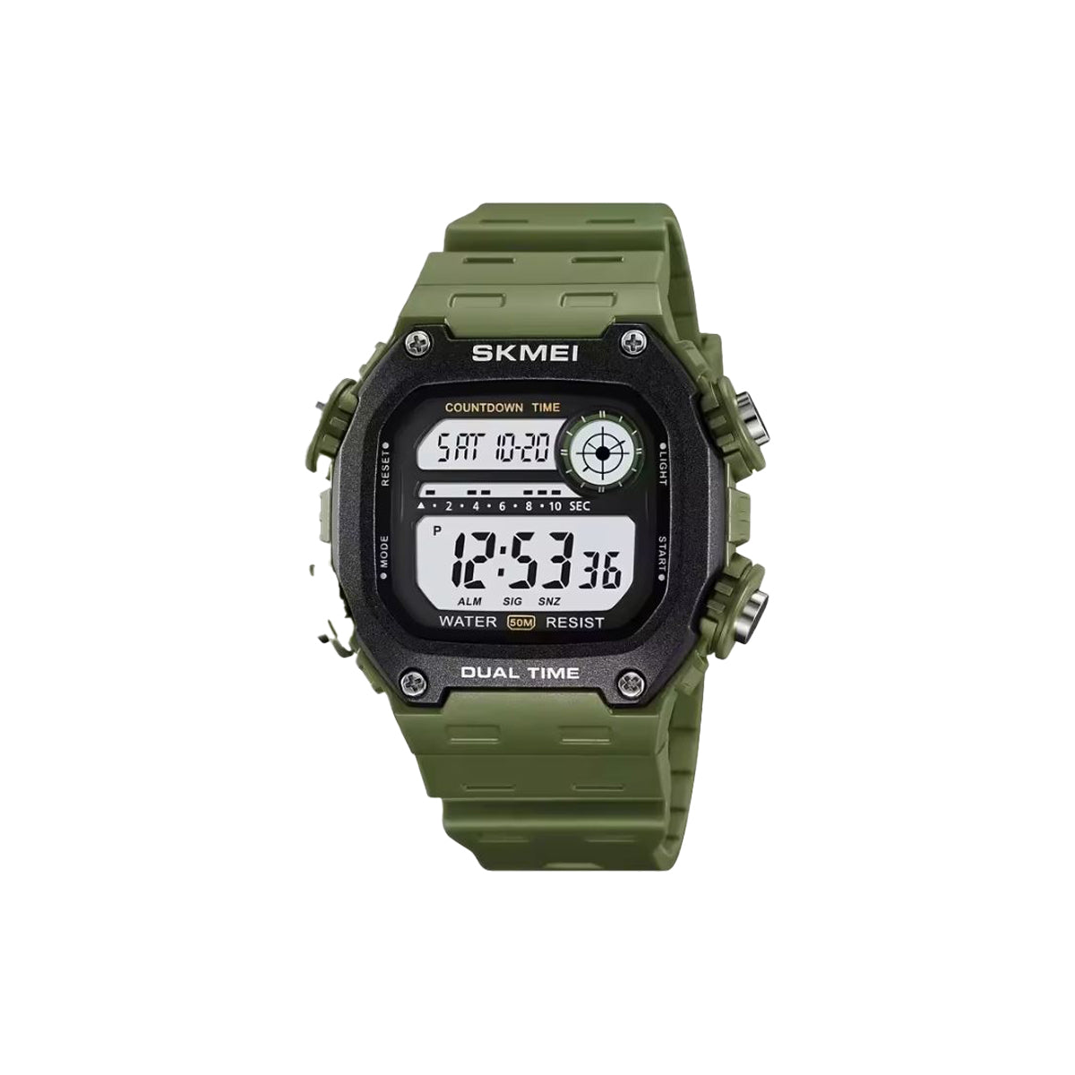 Green digital watch with black display on a white background