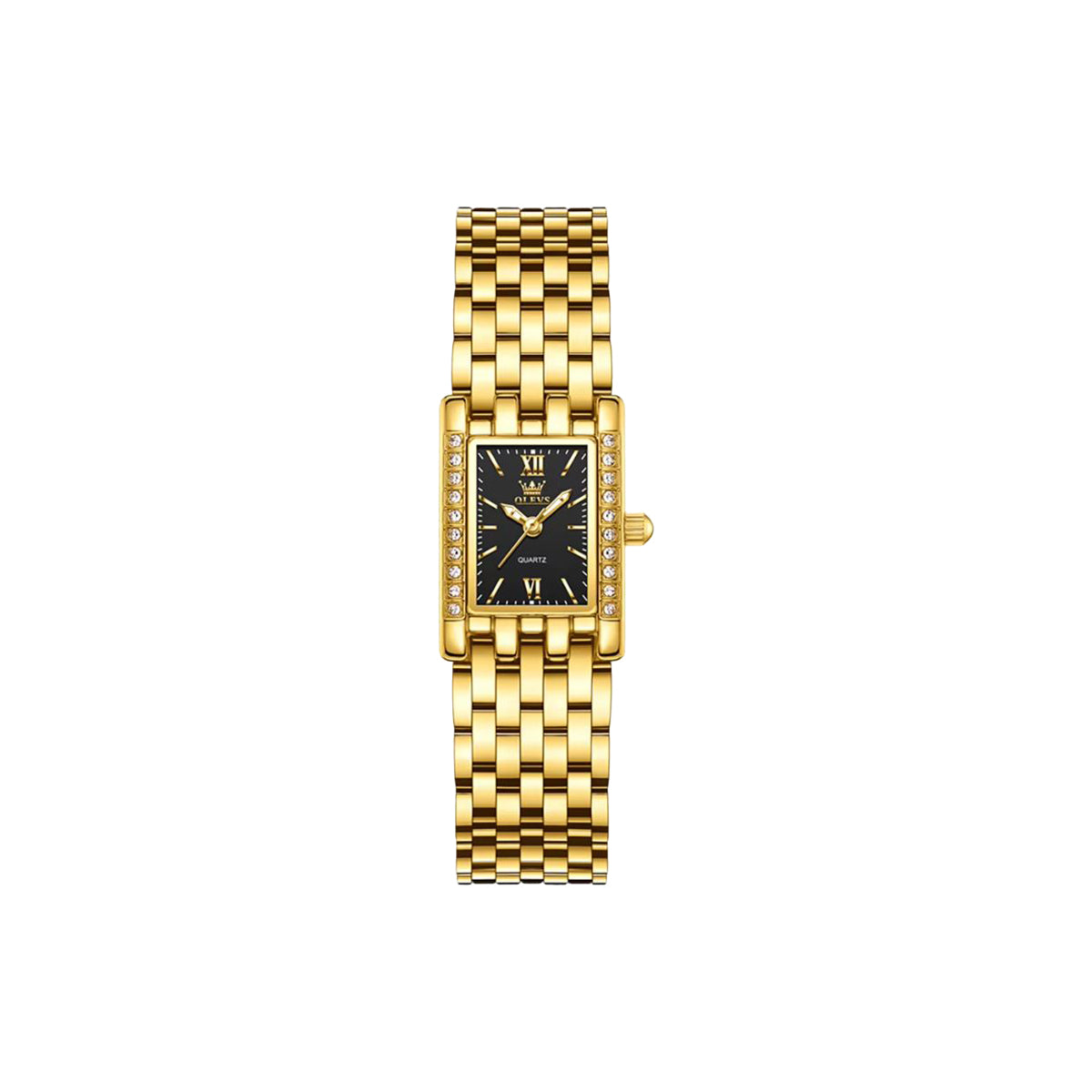 Gold watch with a black face on a white background