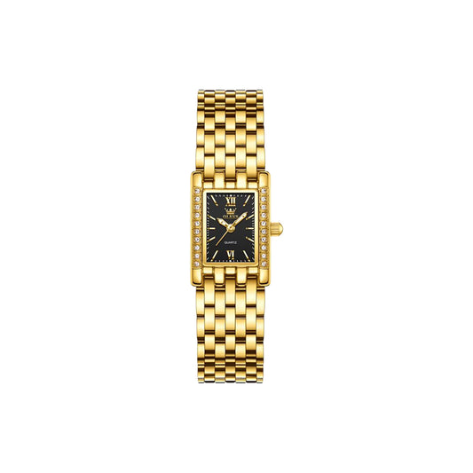 Gold watch with a black face on a white background