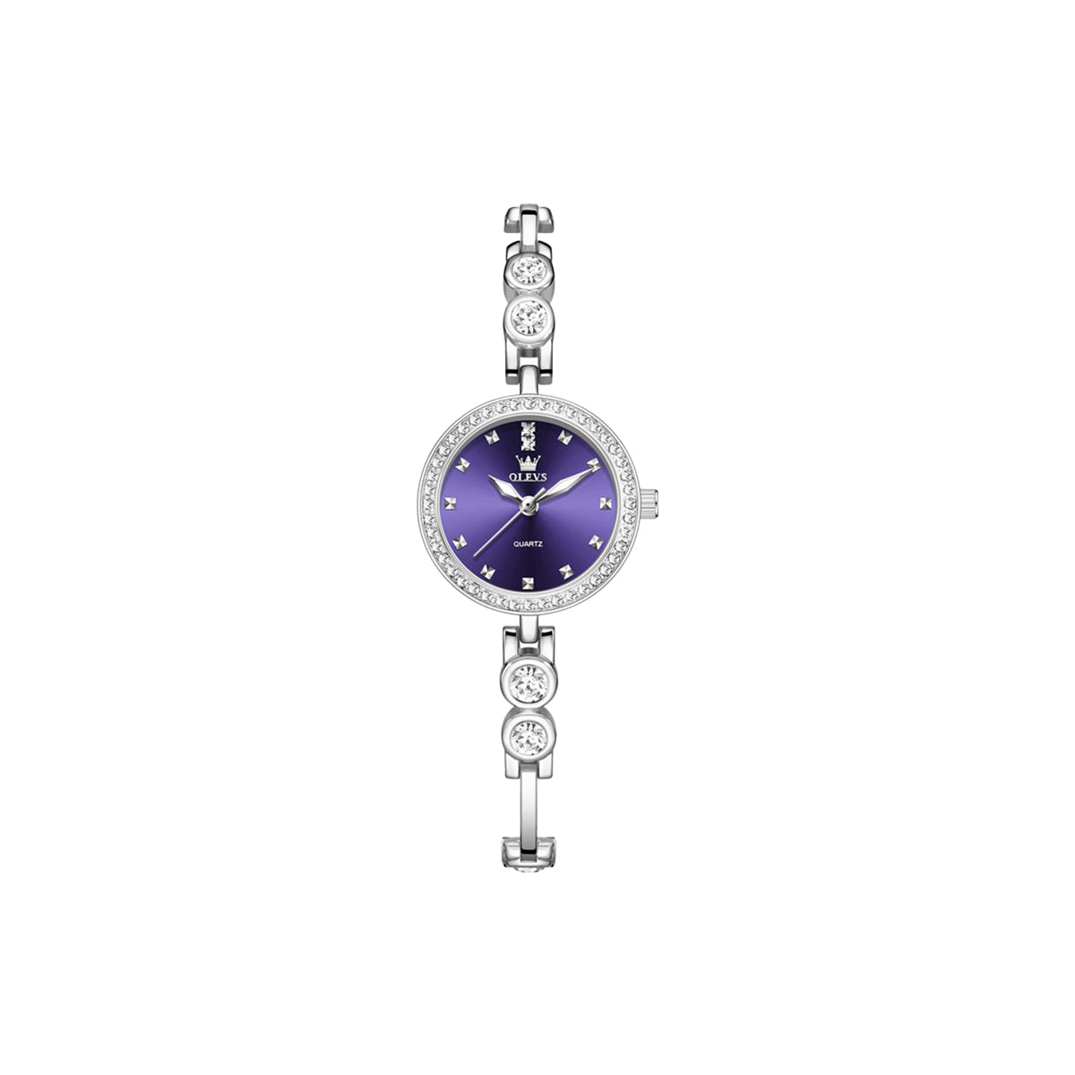 Silver watch with a purple face on a white background