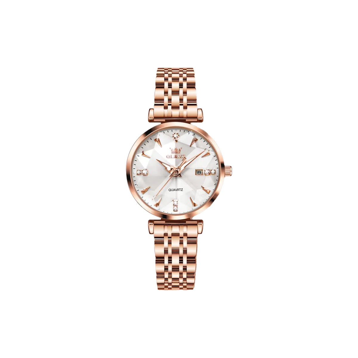 Rose gold watch with a white face on a white background