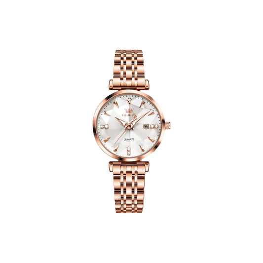 Rose gold watch with a white face on a white background
