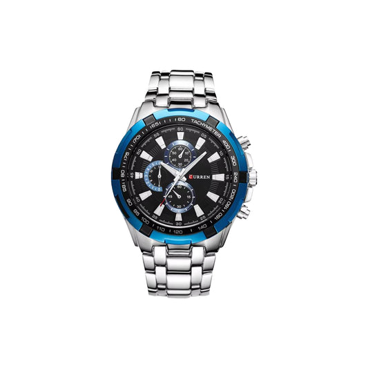 Curren watch with black face and blue accents on a white background