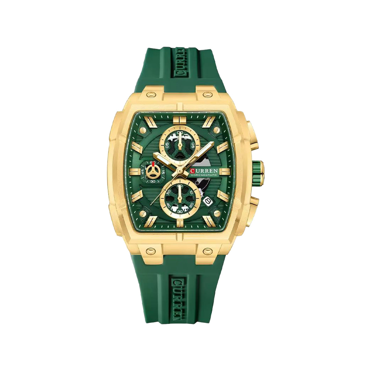 CURREN 8488 Men’s Quartz Watch Gold Green– Silicone Band Waterproof Luminous Calendar Wristwatch