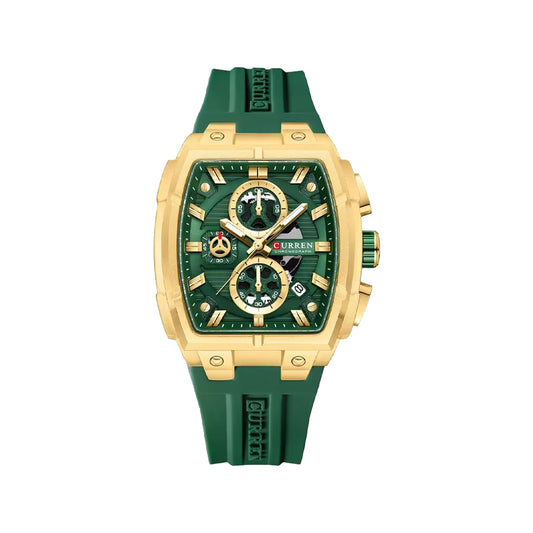 CURREN 8488 Men’s Quartz Watch Gold Green– Silicone Band Waterproof Luminous Calendar Wristwatch