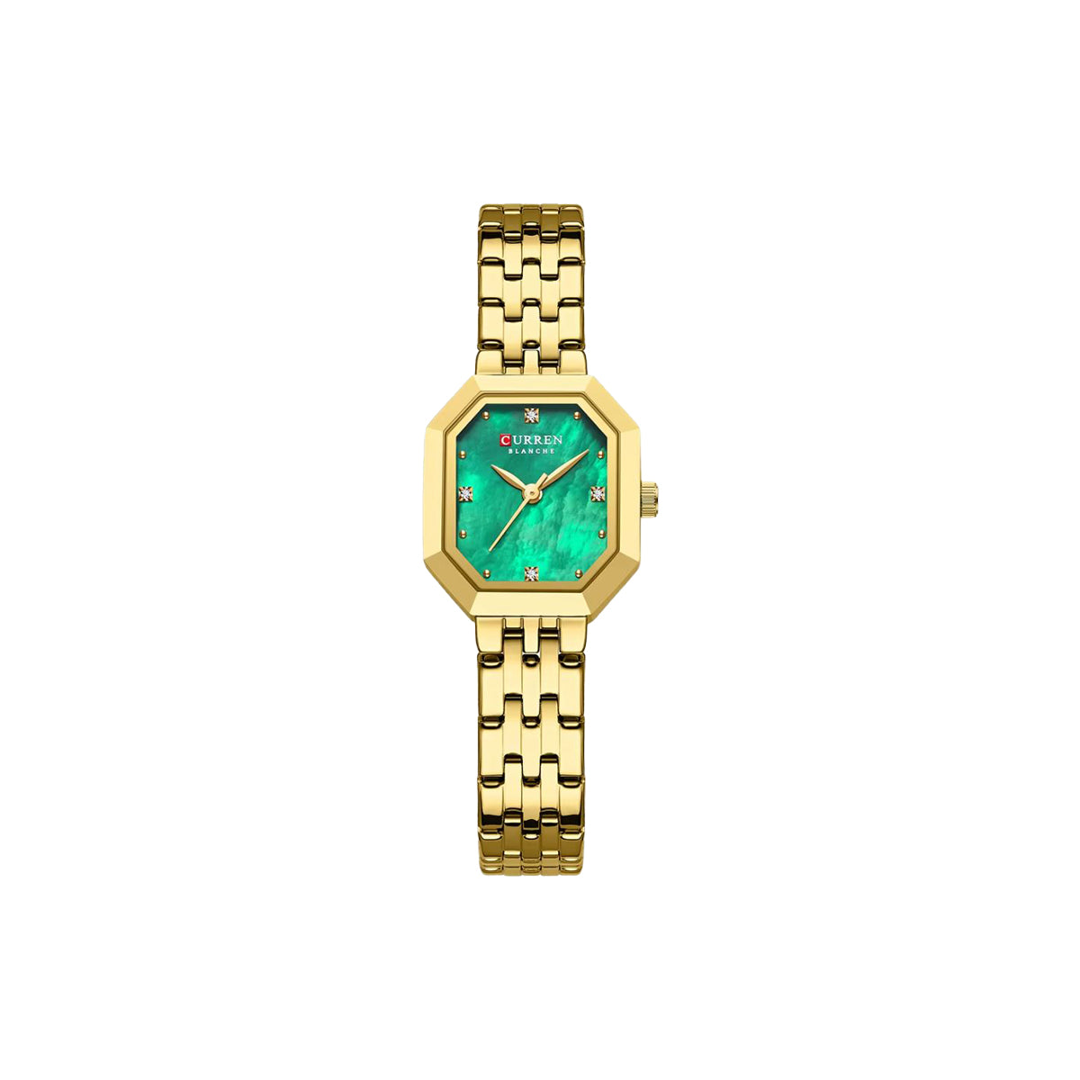 Gold watch with a green face on a white background