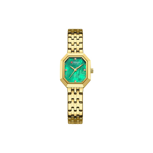Gold watch with a green face on a white background
