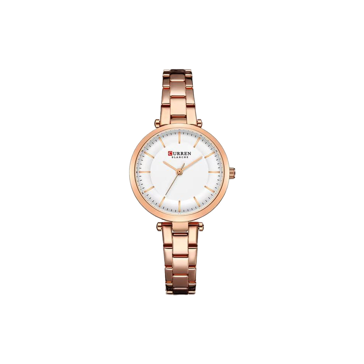 Rose gold watch with white dial on a white background
