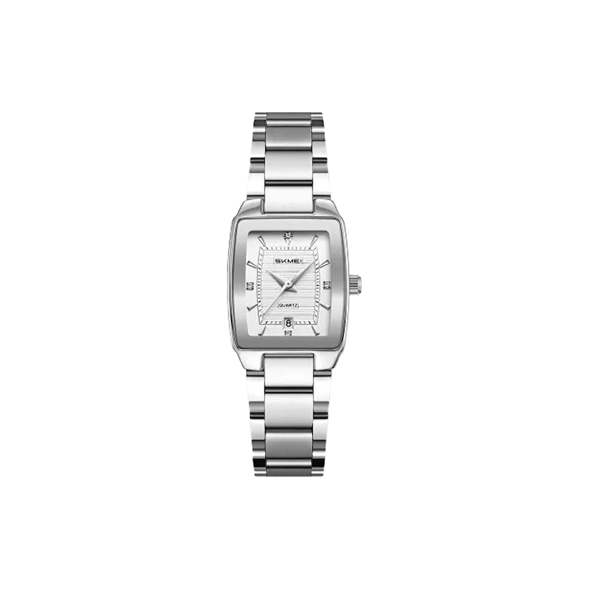 Silver watch with a white face on a white background
