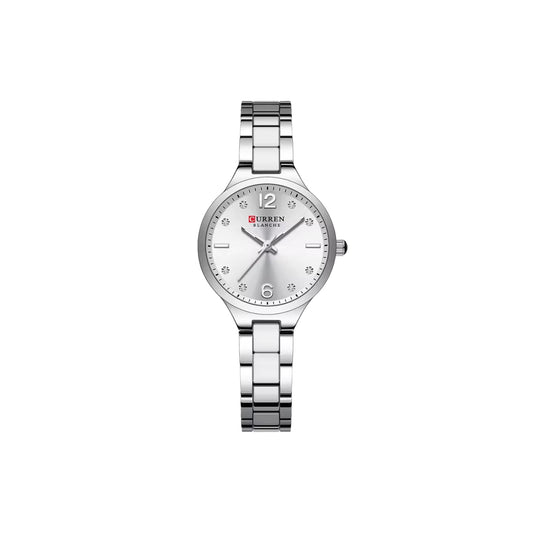 Silver watch with a white face on a white background