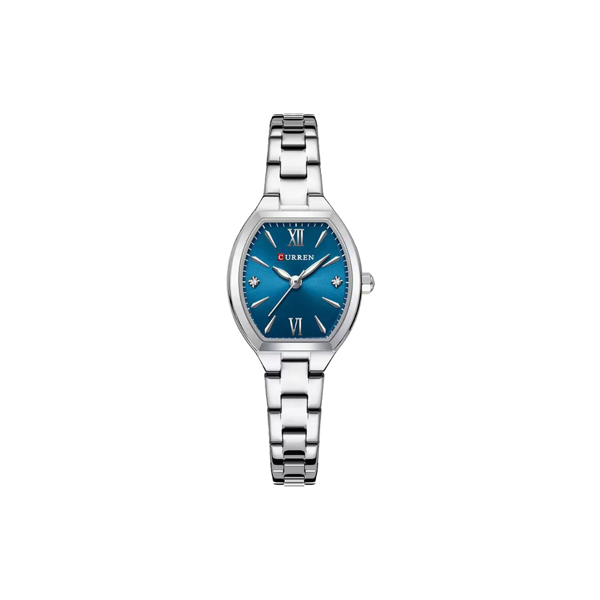 Silver watch with a blue face on a white background