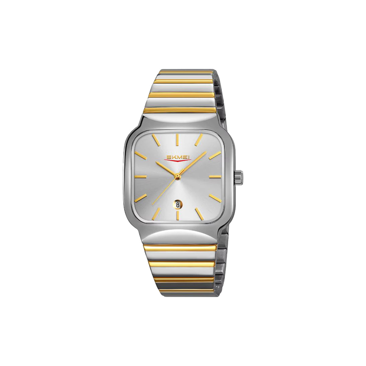 Two-tone silver and gold watch on a white background