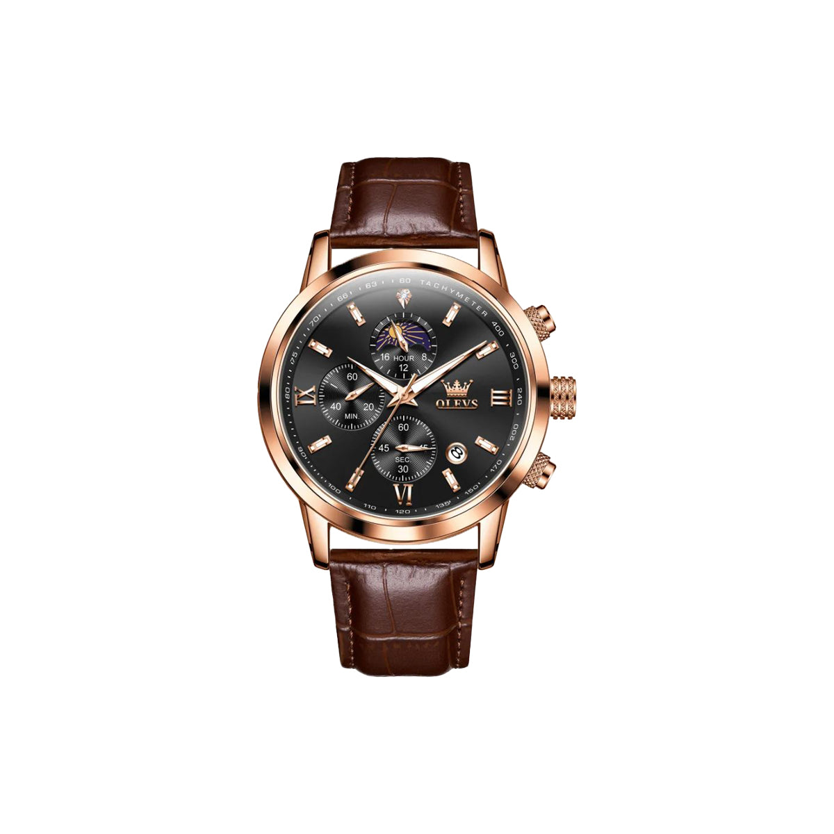 Luxury watch with brown leather strap and rose gold case on white background
