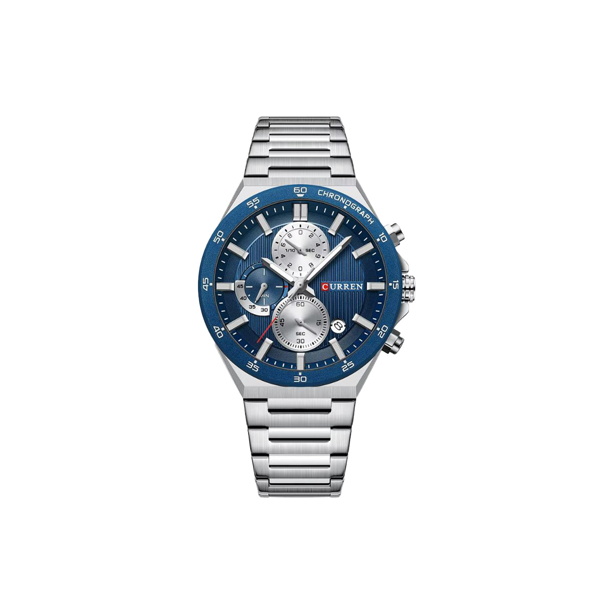 Silver watch with blue face on a white background