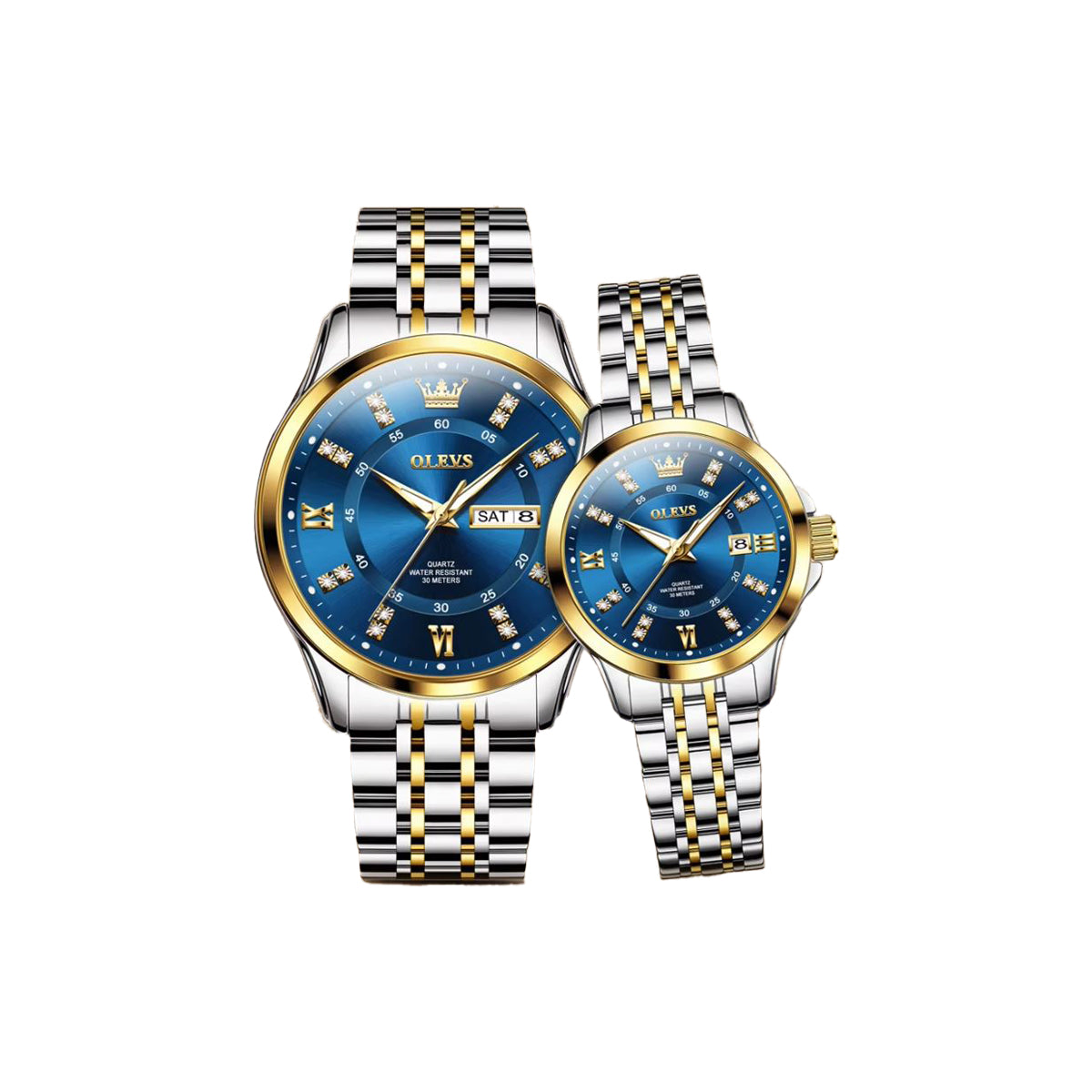 OLEVS 3620 Luxury Couple Quartz Watch Two Tone Blue– Stainless Steel Matching Wristwatch Set