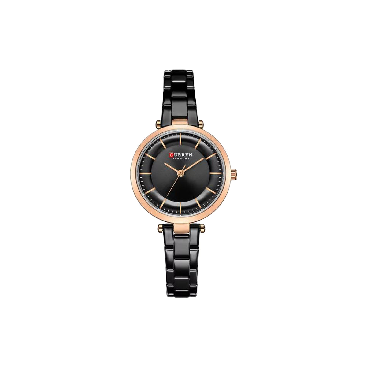 Black and rose gold watch with black dial on a white background