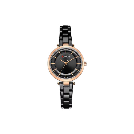 Black and rose gold watch with black dial on a white background