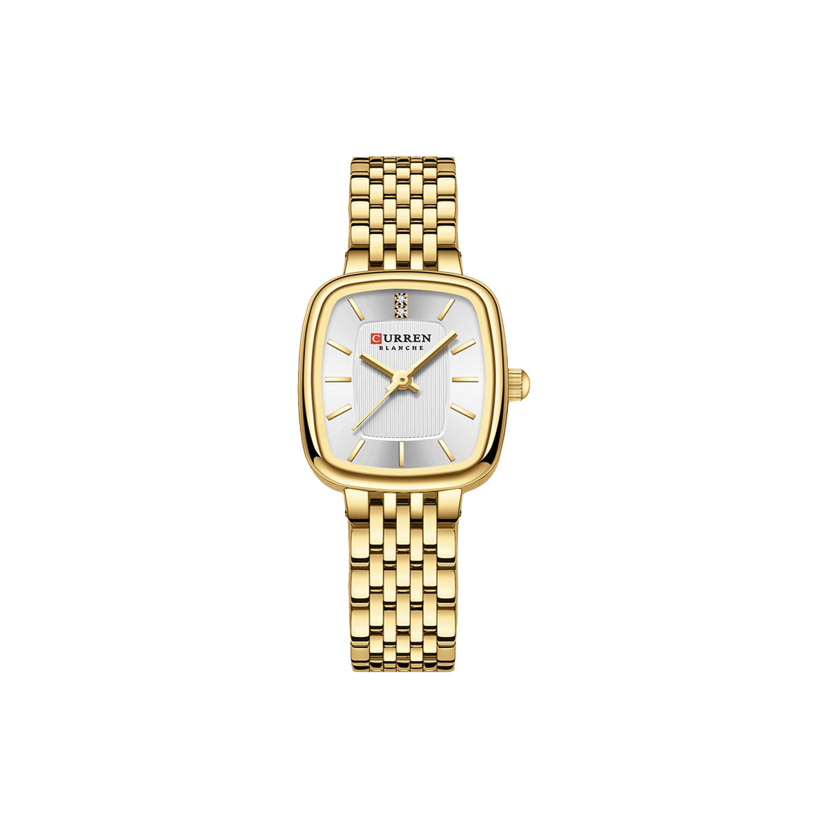Gold wristwatch with a white face on a white background