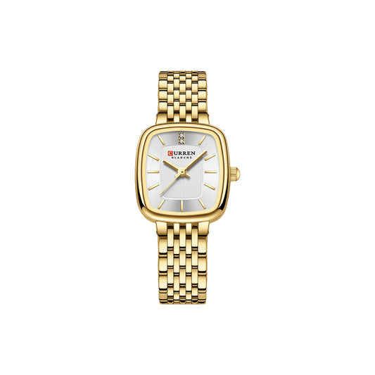 Gold wristwatch with a white face on a white background
