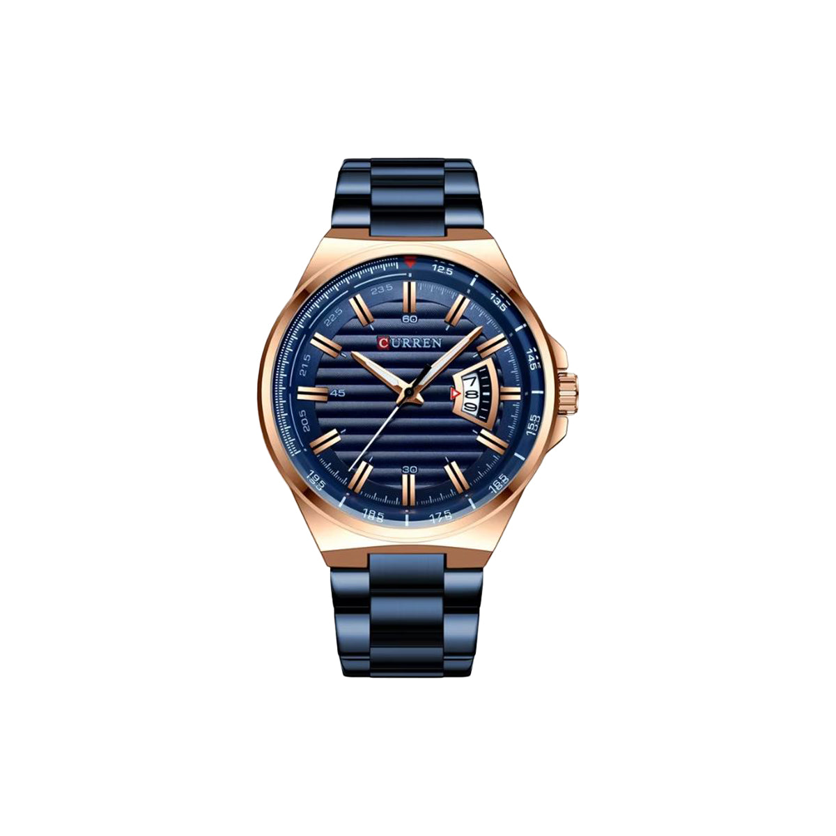 Blue and rose gold watch with 'Curren' branding on a white background
