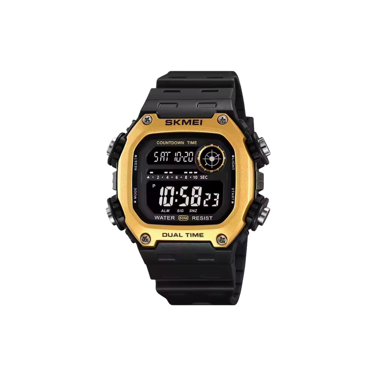 Digital watch with black and gold casing on a white background