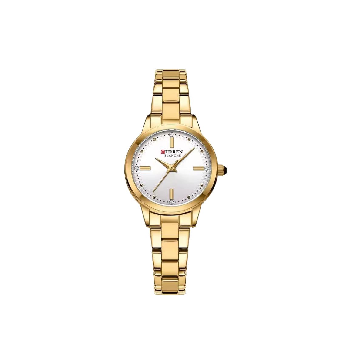Gold wristwatch with a white face on a white background