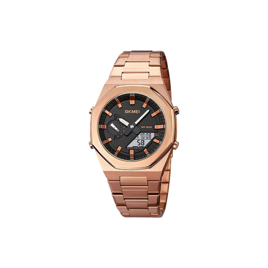 Rose gold watch with black face on a white background