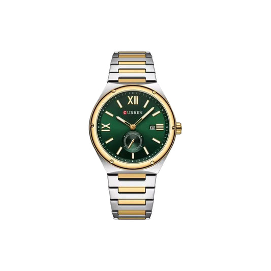 Two-tone watch with green dial and gold accents on a white background