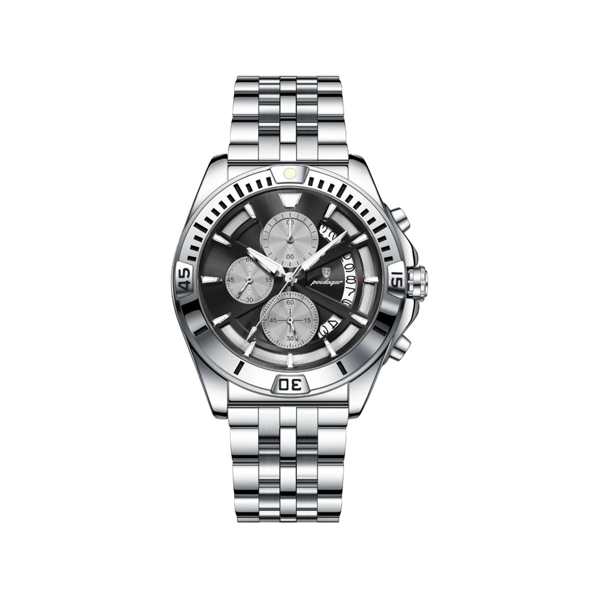 POEDAGAR 695 Men’s Sports Quartz Watch Silver Black – Stainless Steel Luxury Chronograph Wristwatch