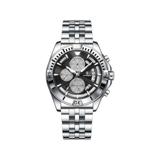 POEDAGAR 695 Men’s Sports Quartz Watch Silver Black – Stainless Steel Luxury Chronograph Wristwatch