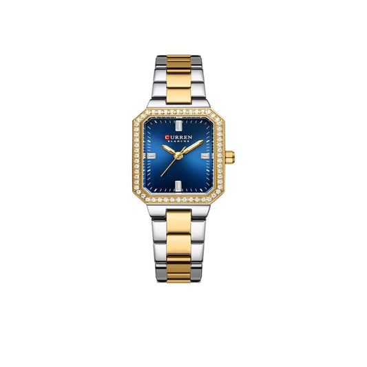 Two-tone watch with a blue face on a white background