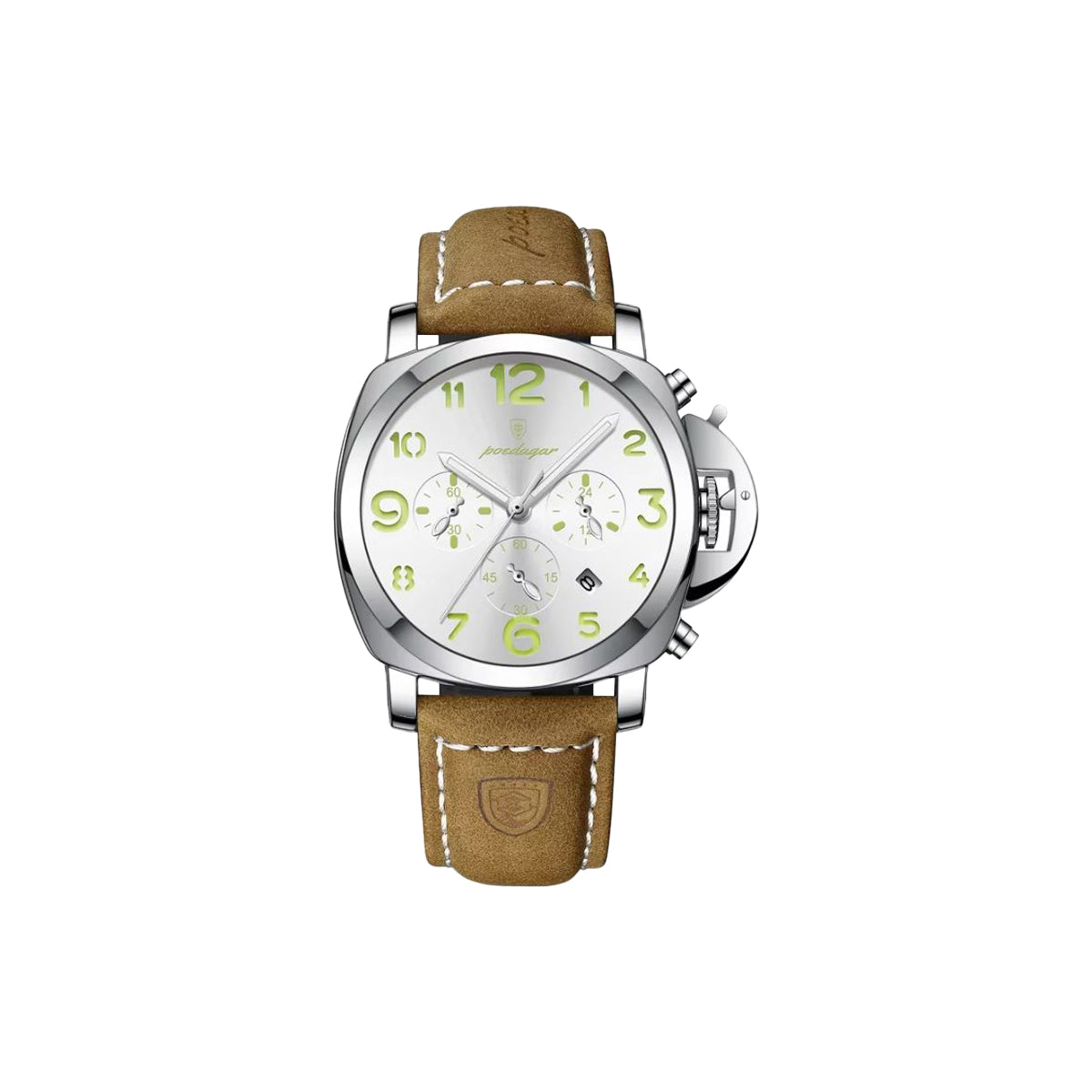 Watch with brown leather strap and silver case on a white background