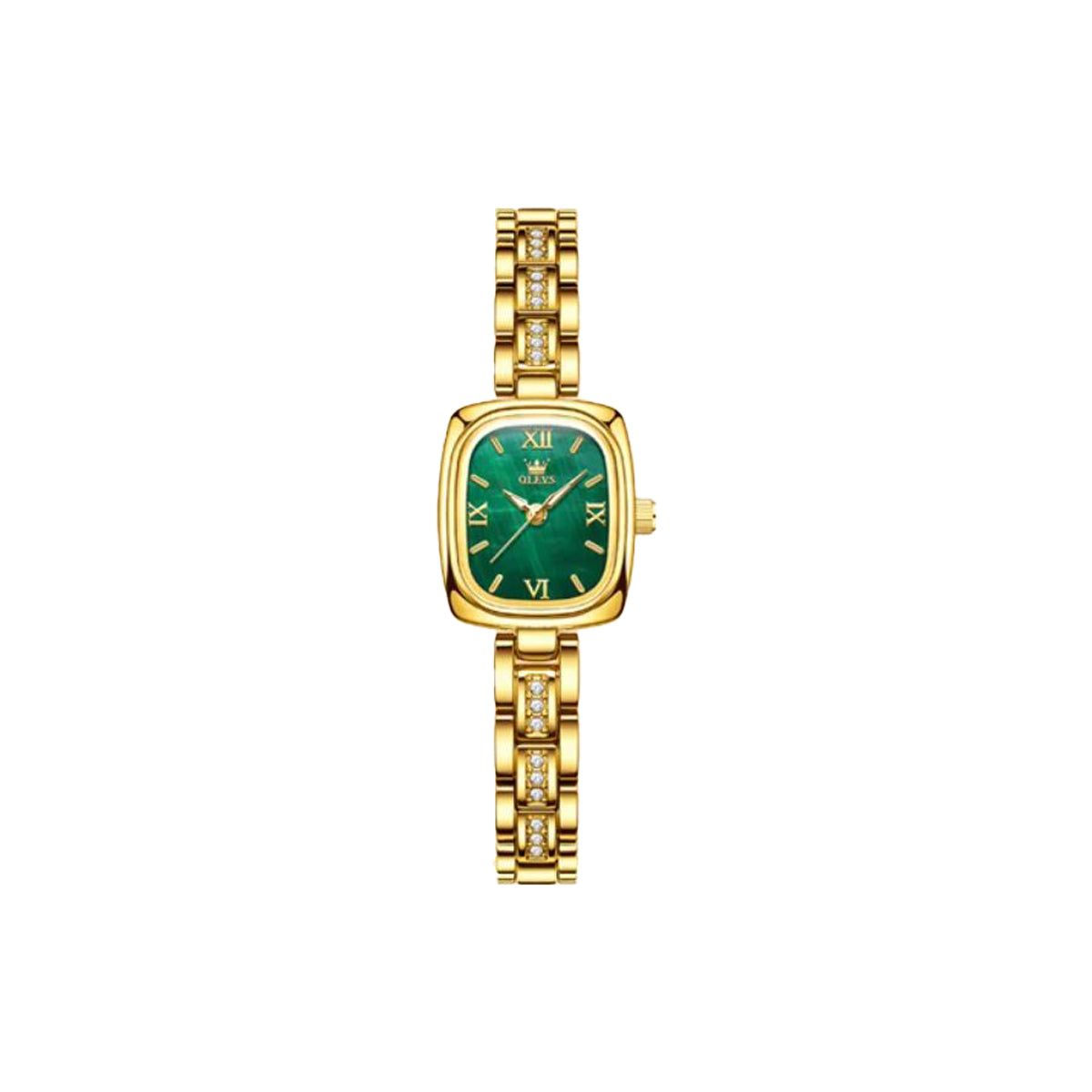 Gold watch with a green face on a white background