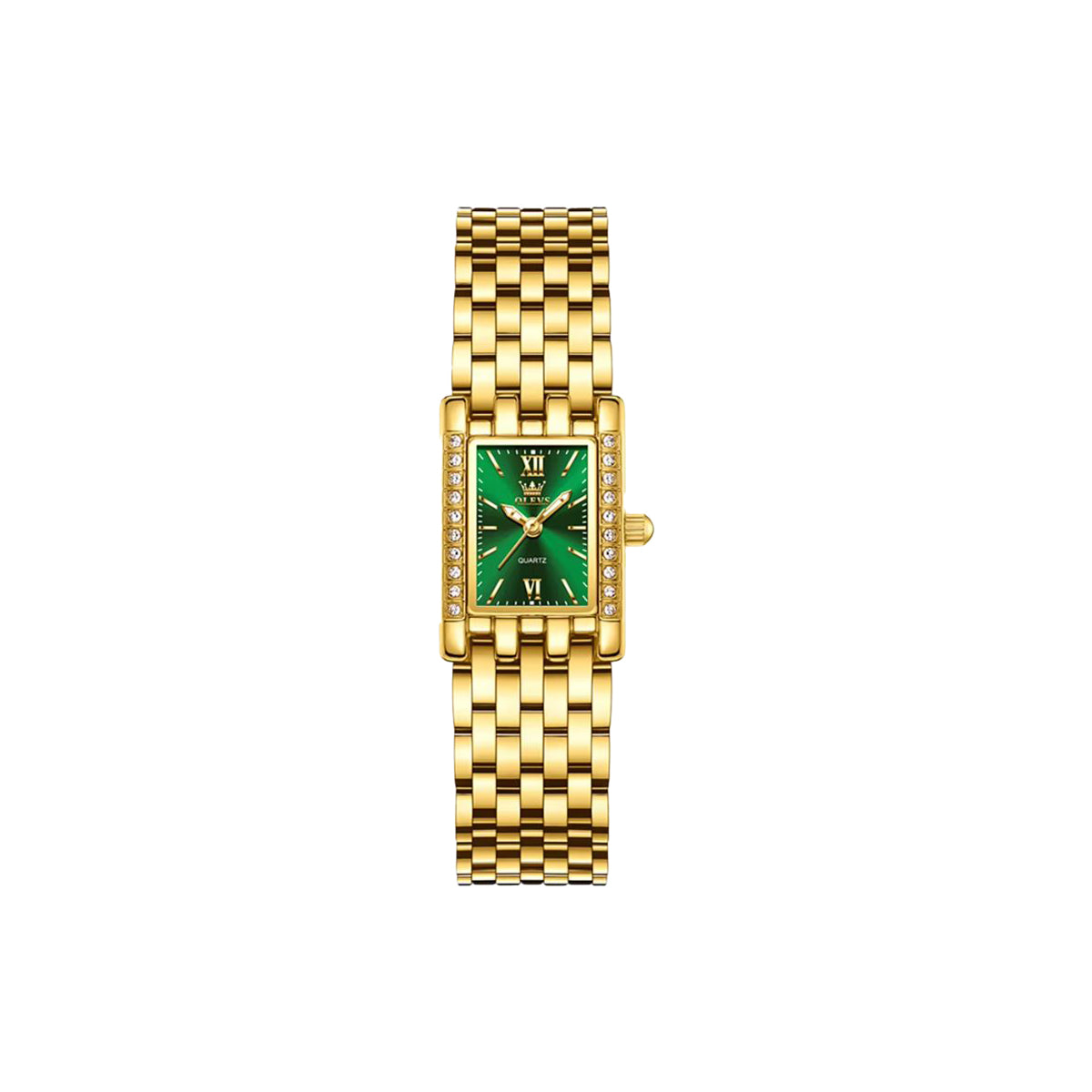 Gold watch with a green face on a white background
