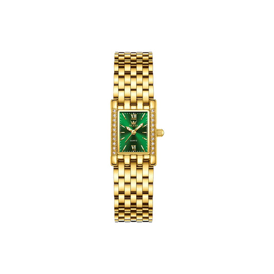 Gold watch with a green face on a white background