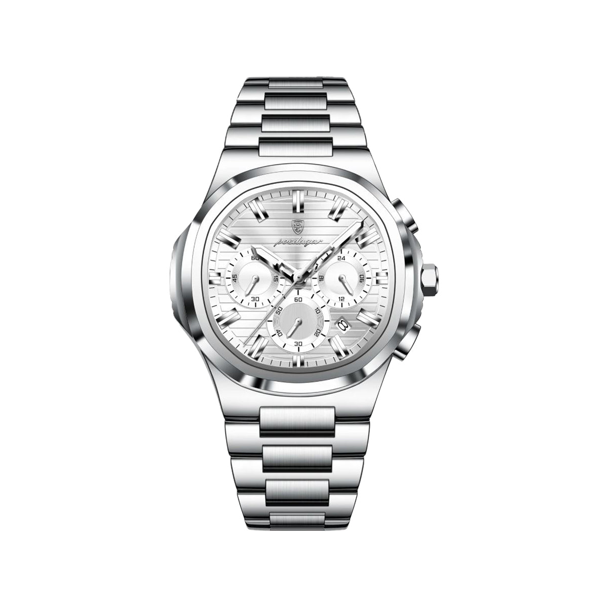 POEDAGAR 834 Men’s Luxury Square Quartz Watch Silver White– Waterproof Luminous Date Stainless Steel Wristwatch