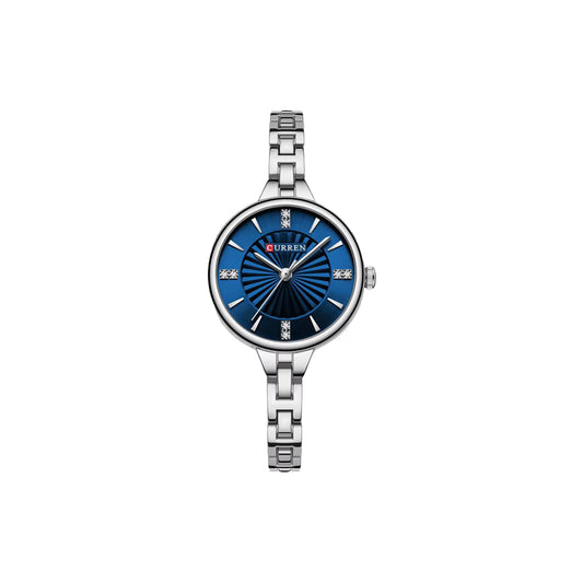 Silver watch with blue dial on a white background