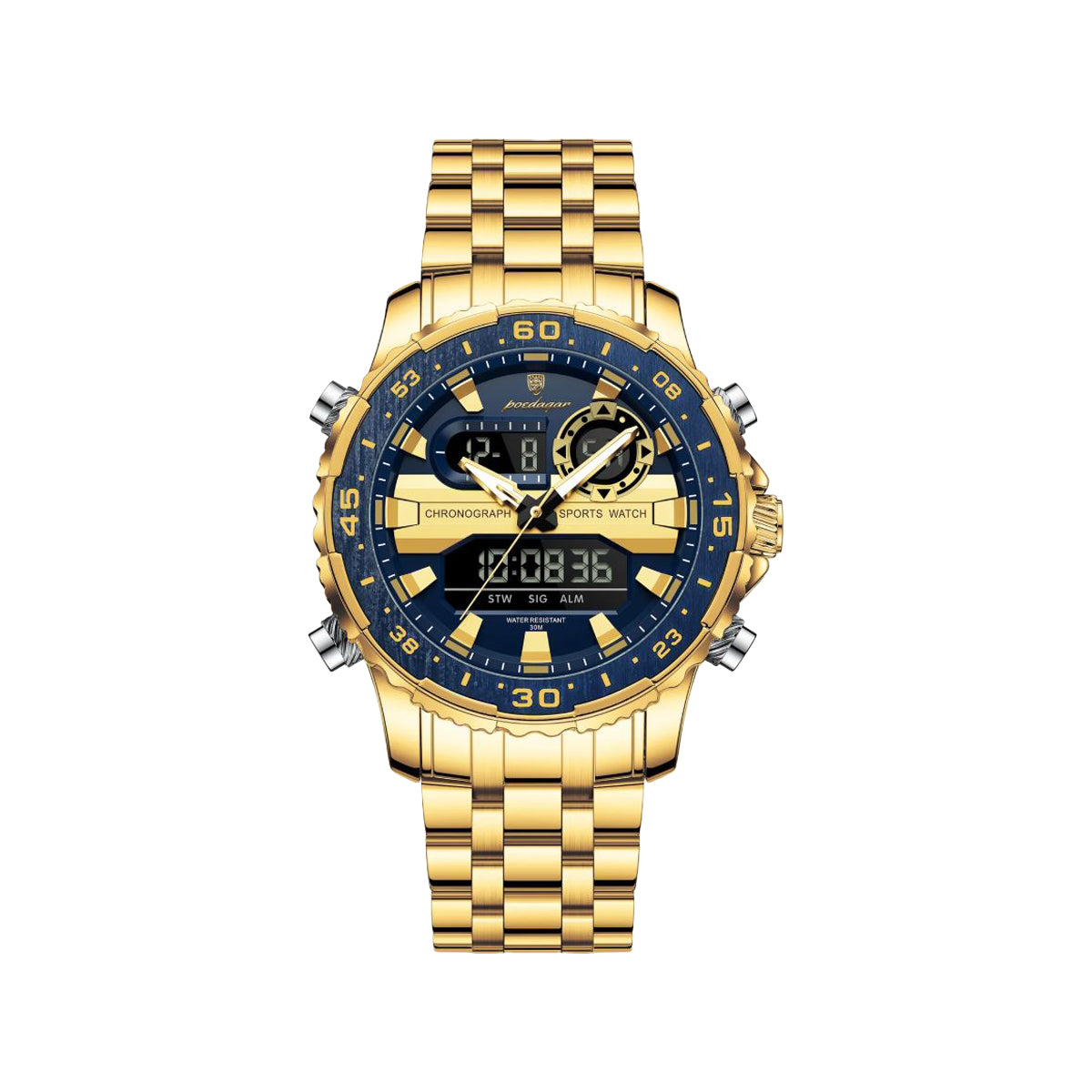 POEDAGAR 122 Luxury Dual Time LED Watch Gold Blue – Waterproof Digital Stainless Steel Men’s Wristwatch
