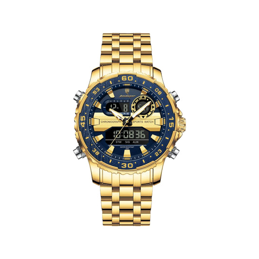 POEDAGAR 122 Luxury Dual Time LED Watch Gold Blue – Waterproof Digital Stainless Steel Men’s Wristwatch