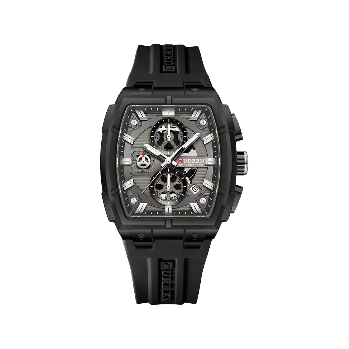 CURREN 8488 Men’s Quartz Watch Black Grey– Silicone Band Waterproof Luminous Calendar Wristwatch