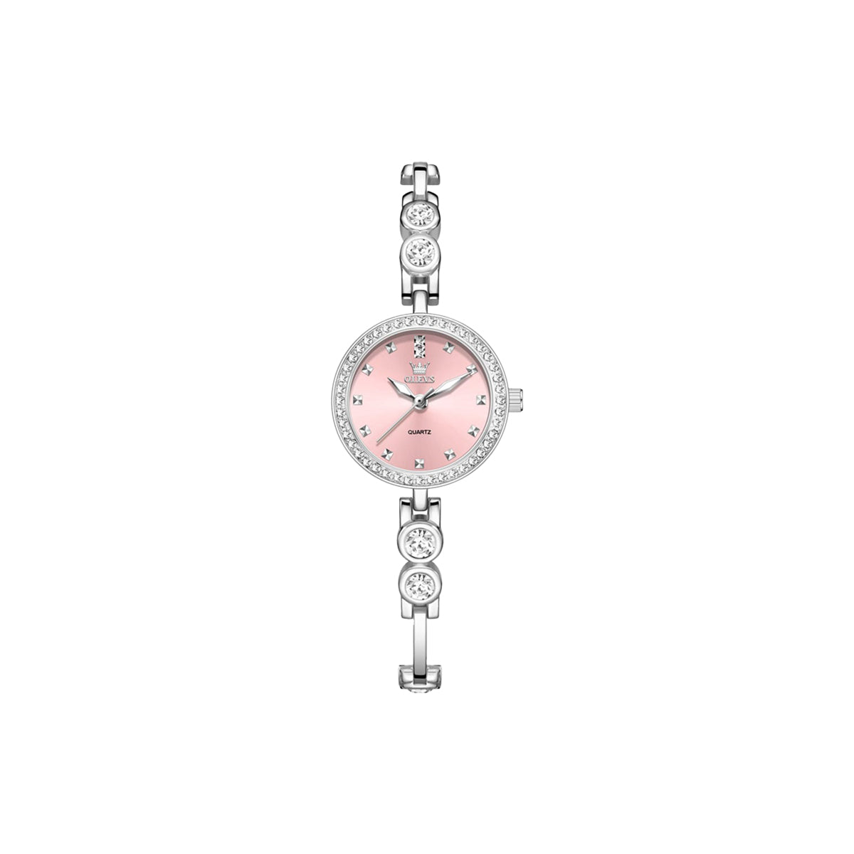 Silver watch with a pink face on a white background