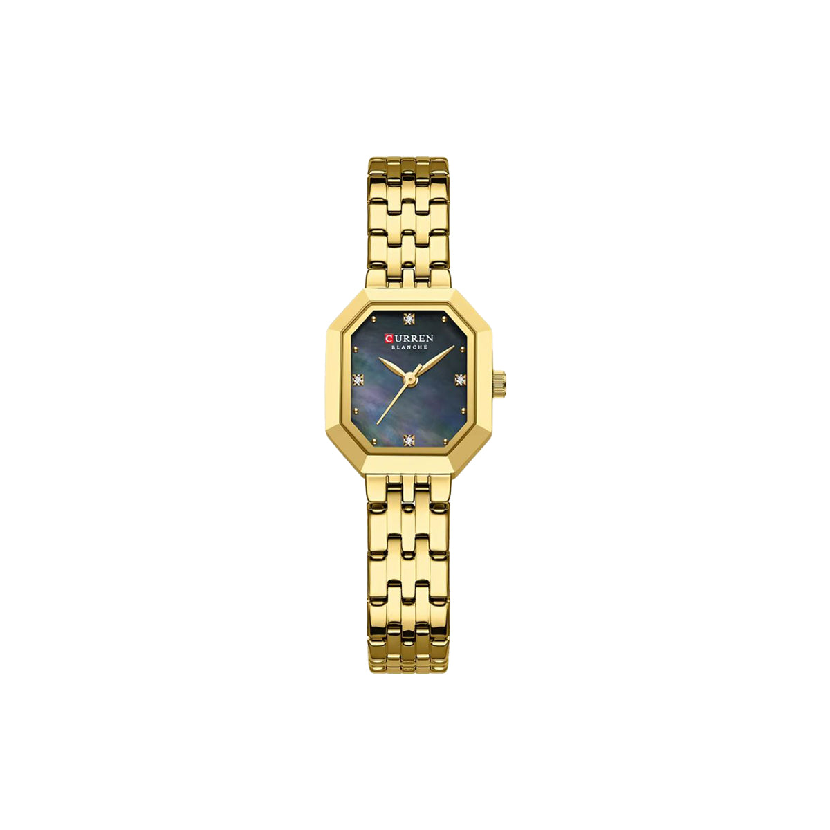 Gold watch with a blue face on a white background