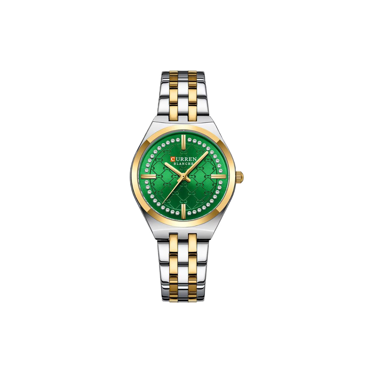 Wristwatch with green face and two-tone metal strap on white background