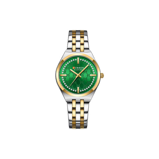 Wristwatch with green face and two-tone metal strap on white background