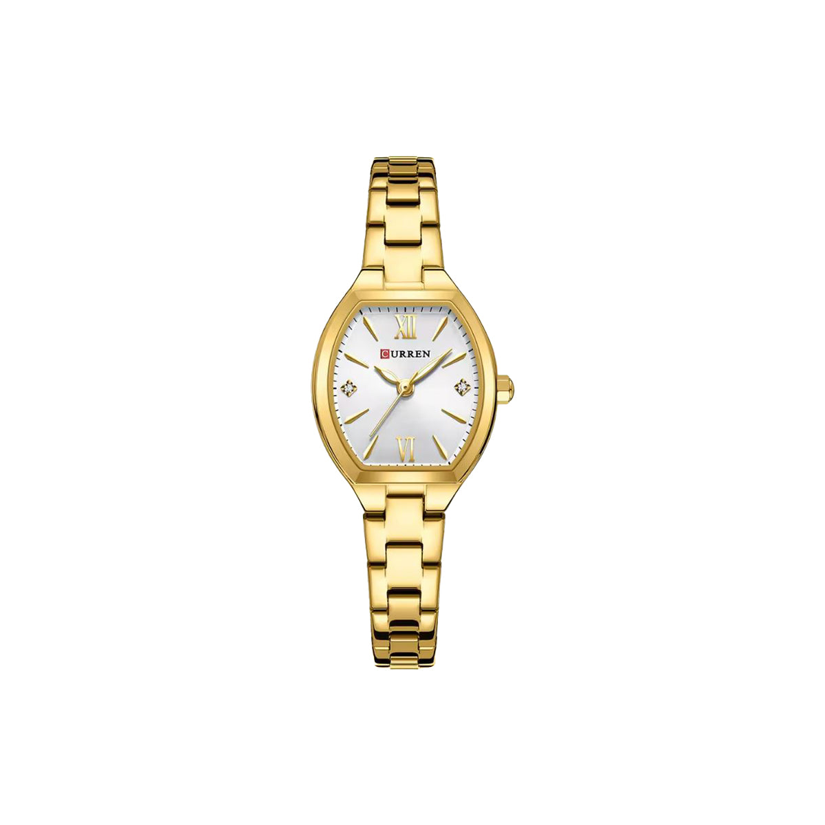 Gold wristwatch with a white face on a white background